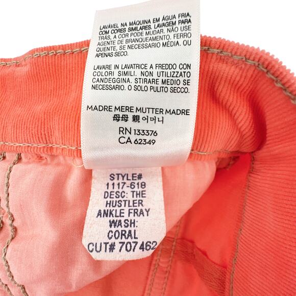 MOTHER The Hustler Ankle Fray Hopscotch Corduroy in Coral 24 - Picture 11 of 14